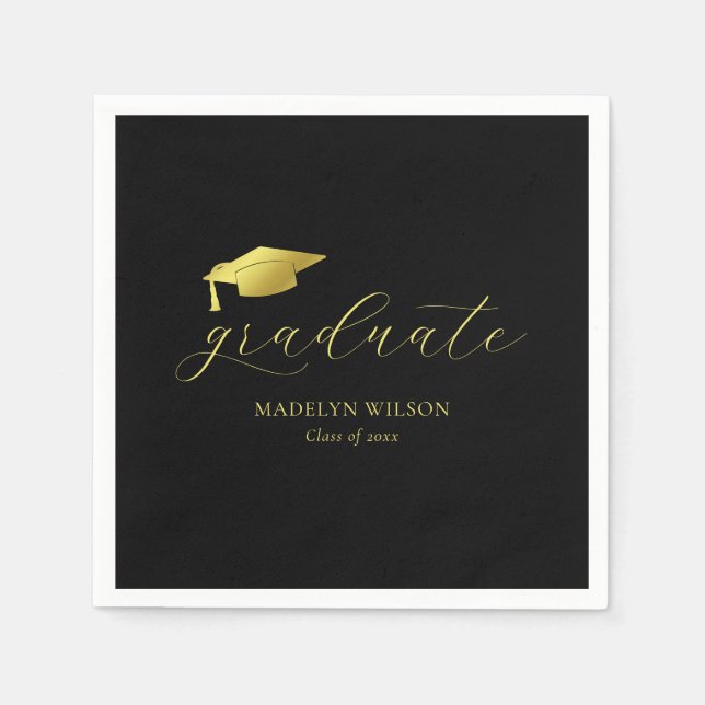 Modern Minimal Script Black Gold Graduation Party Napkins (Front)