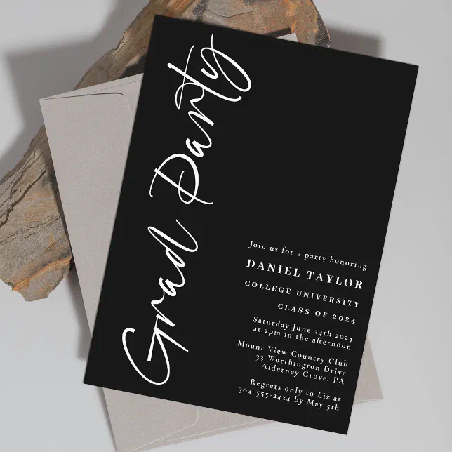 Modern Minimal Script Black White Graduation Party Invitation | Zazzle