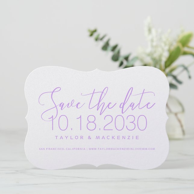Modern Minimal Script Bracket Lilac Save the Date  (Standing Front)