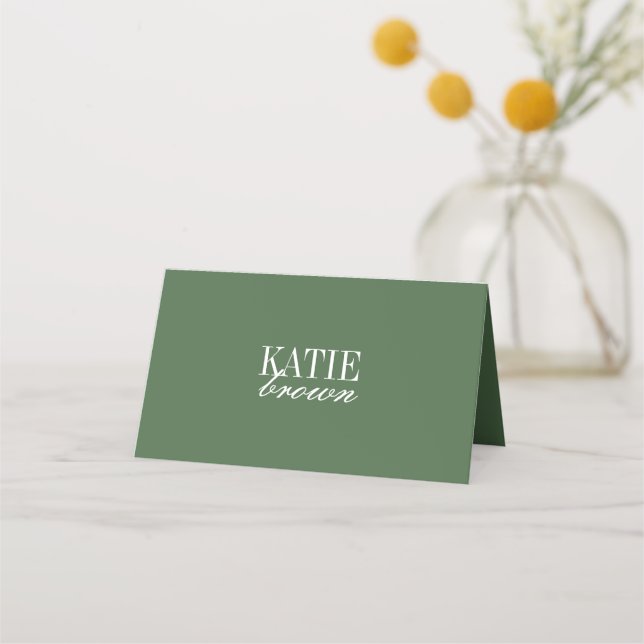 Modern Minimal Script Dark Olive Green Wedding Place Card (Front)