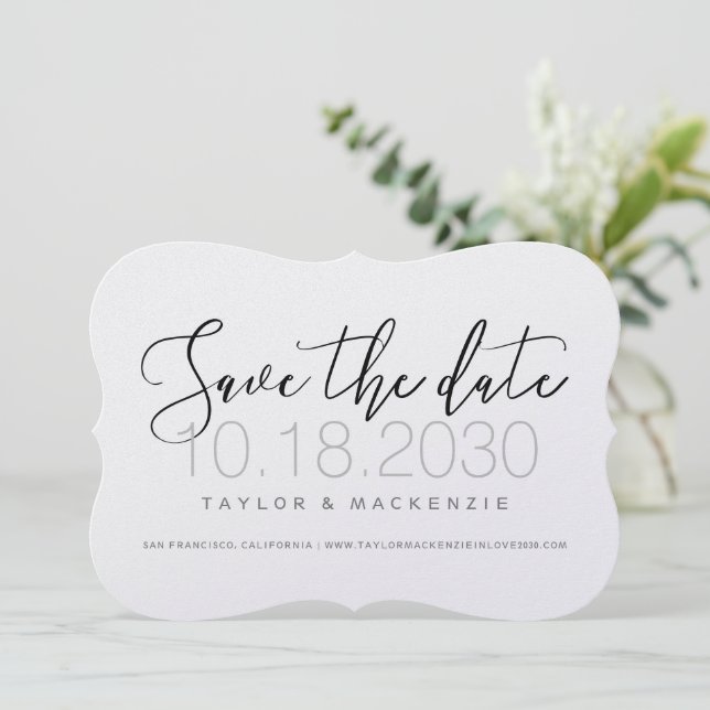 Modern Minimal Script Die-Cut Bracket Shape Save The Date (Standing Front)
