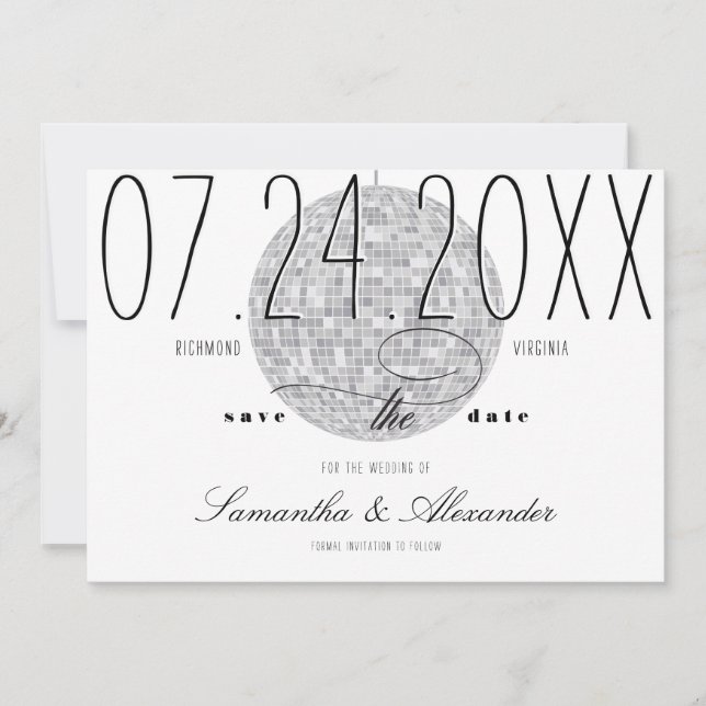 Modern Minimal Script Disco Ball Old Money Wedding Save The Date (Front)