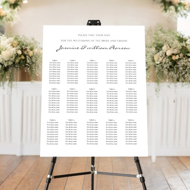 Modern minimal script fifteen table seating chart  foam board (minimal 15 table wedding seating chart in white with black text , tie the knot in style )