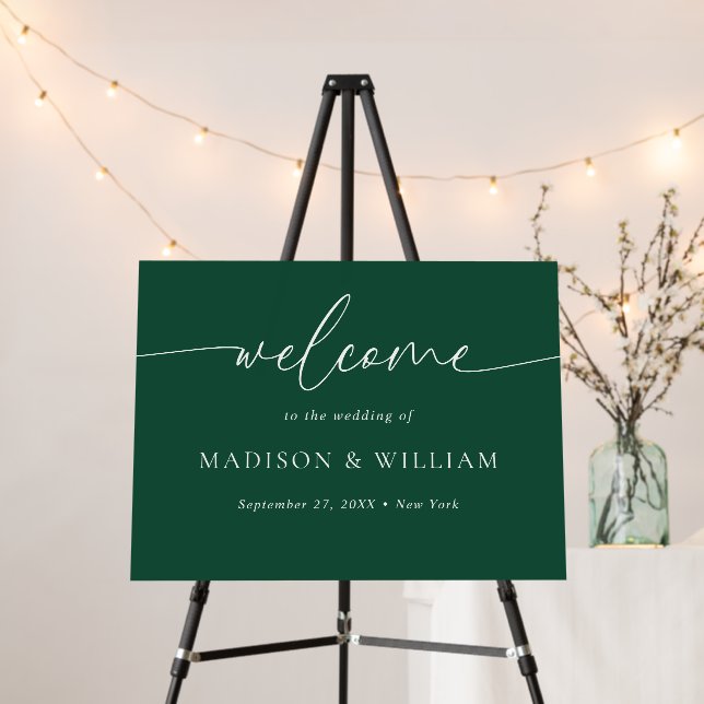 Modern Minimal Script Forest Green Wedding Welcome Foam Board (In Situ (Stand))