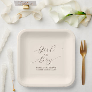 Modern Minimal Script Gender Reveal Party Beige Paper Plates