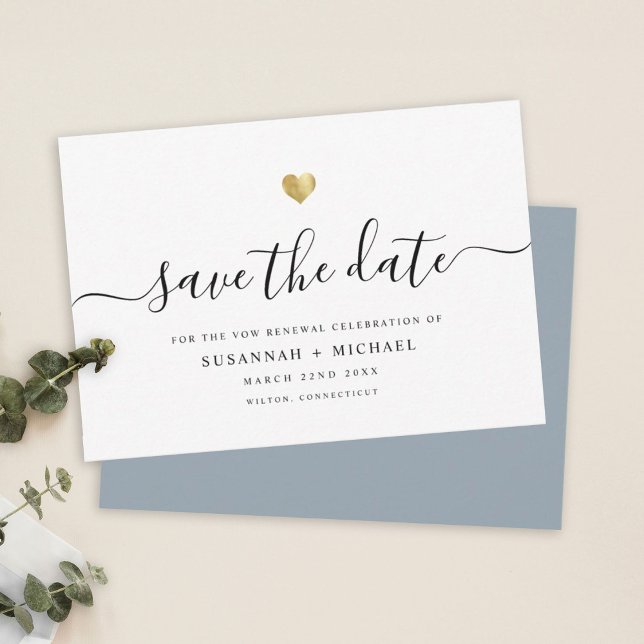 Modern Minimal Script Gold Vow Renewal Dusty Blue Save The Date (Creator Uploaded)