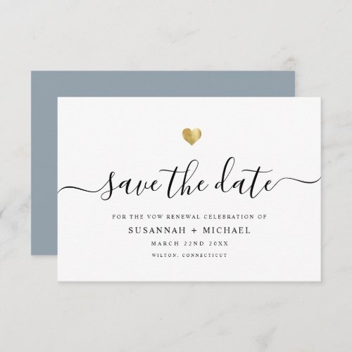 Modern Minimal Script Gold Vow Renewal Dusty Blue Save The Date