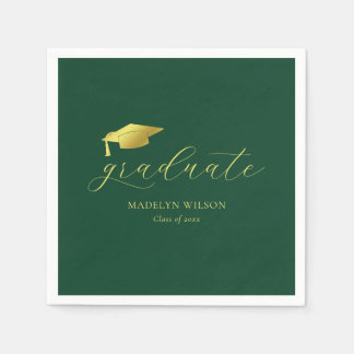Modern Minimal Script Green Gold Graduation Party Napkins