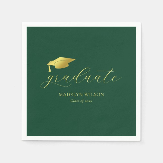 Modern Minimal Script Green Gold Graduation Party Napkins (Front)