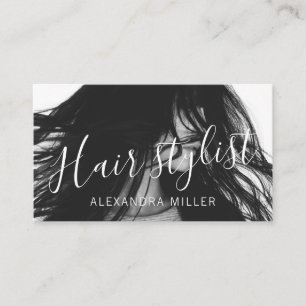 Modern minimal script hair stylist photo business card