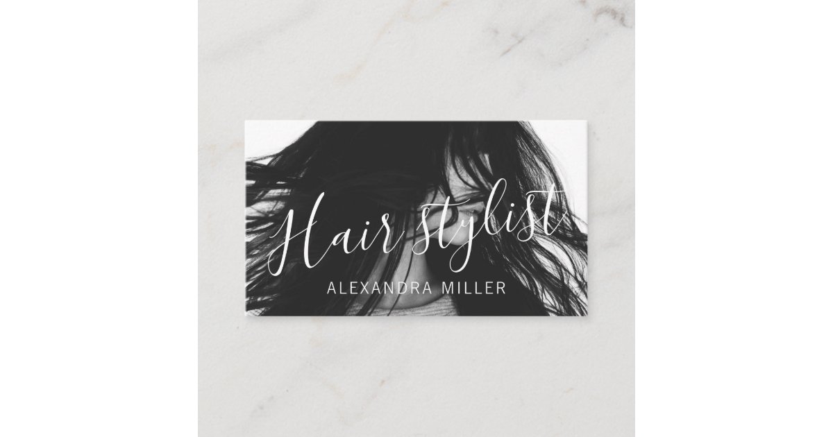 Modern minimal script hair stylist photo business card | Zazzle