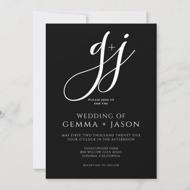 Modern Minimal Script Initial Black White Wedding  Invitation (Front)