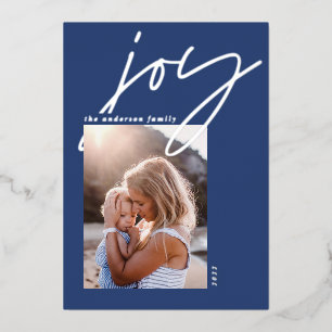 modern minimal script joy 1 photo blue elegant foil holiday card
