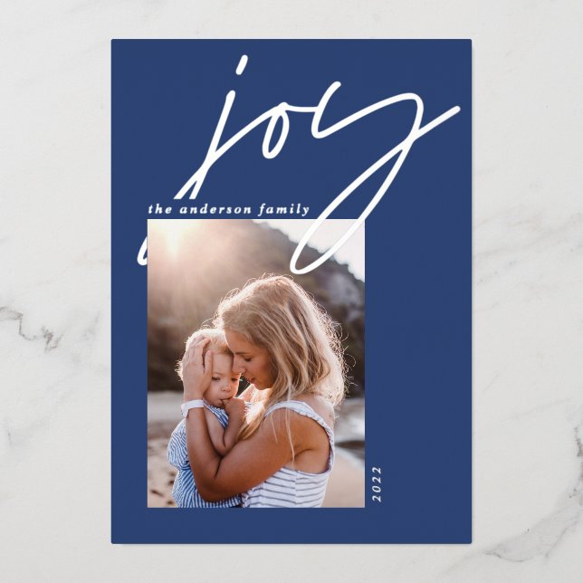 modern minimal script joy 1 photo blue elegant foil holiday card (Front)