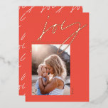 modern minimal script joy 1 photo red elegant foil holiday card<br><div class="desc">Modern minimal script red joy 1 photo holiday card. Elegant real gold,  silver and rose gold foil design.</div>