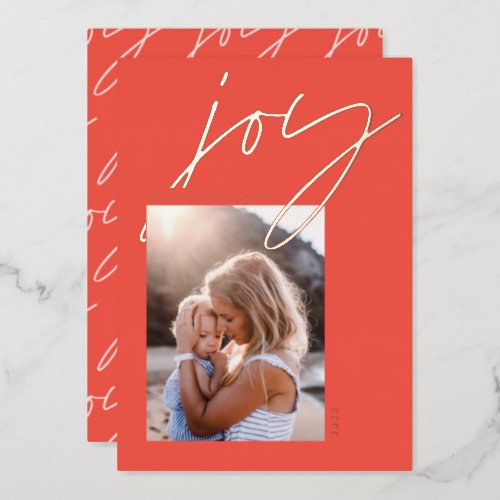 modern minimal script joy 1 photo red elegant foil holiday card