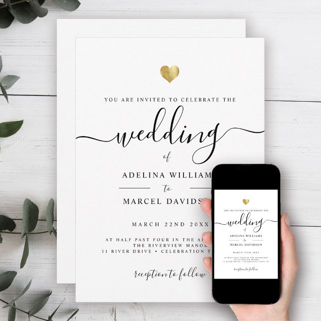 Modern Minimal Script Monogram Gold Heart Wedding Invitation (Creator Uploaded)