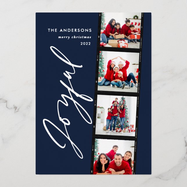 Modern minimal script multi photo christmas blue foil holiday card (Front)
