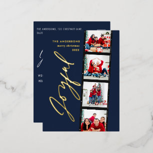 Modern minimal script multi photo Christmas blue Foil Holiday Postcard