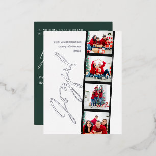 Modern minimal script multi photo Christmas green Foil Holiday Postcard