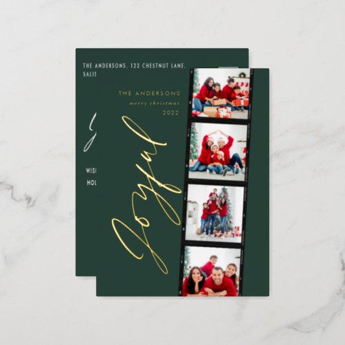 Modern minimal script multi photo Christmas green  Foil Holiday Postcard