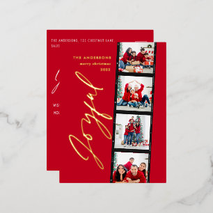 Modern minimal script multi photo christmas red fo foil holiday postcard