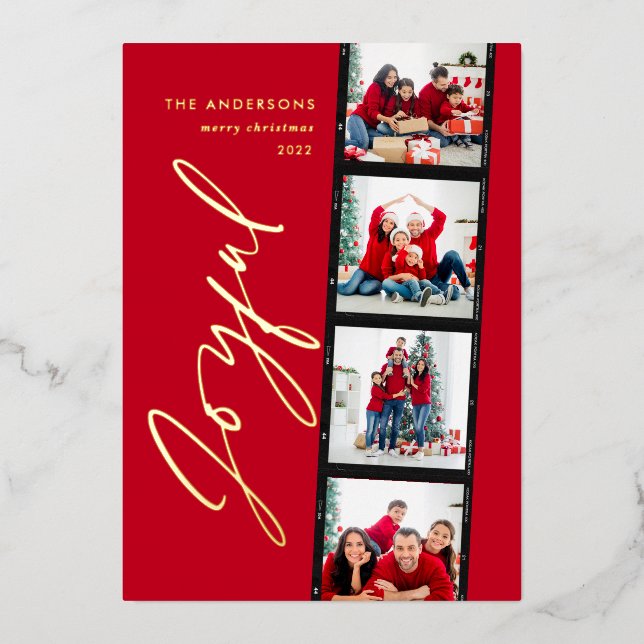 Modern minimal script multi photo christmas red foil holiday card (Front)