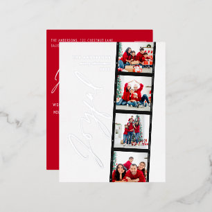 Modern minimal script multi photo christmas red foil holiday postcard