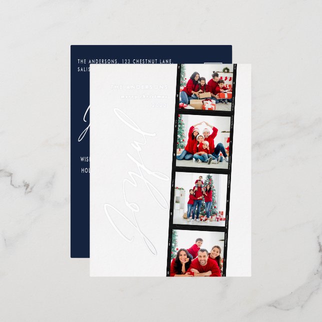 Modern minimal script multi photo christmas retro  foil holiday postcard (Front/Back)