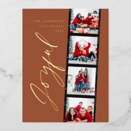 Modern minimal script multi photo christmas rust f foil holiday postcard