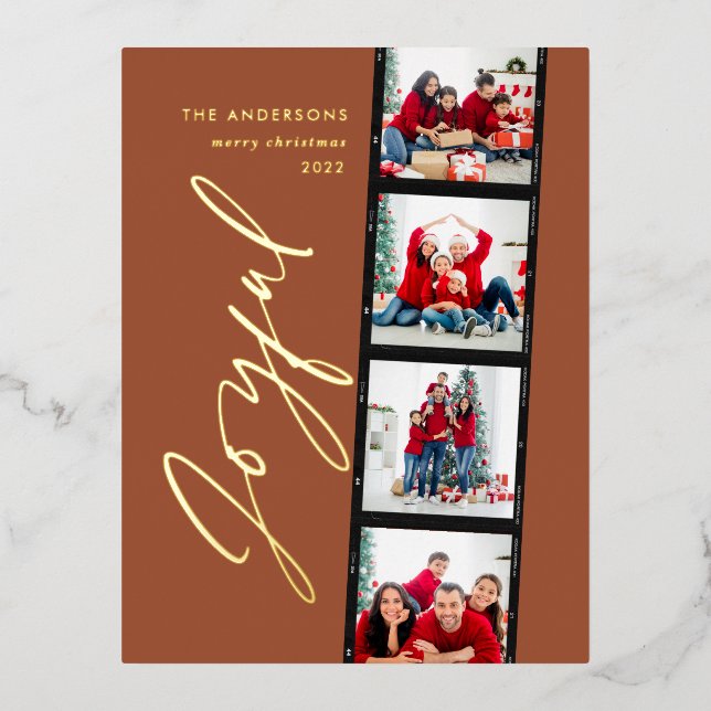 Modern minimal script multi photo christmas rust f foil holiday postcard (Front)