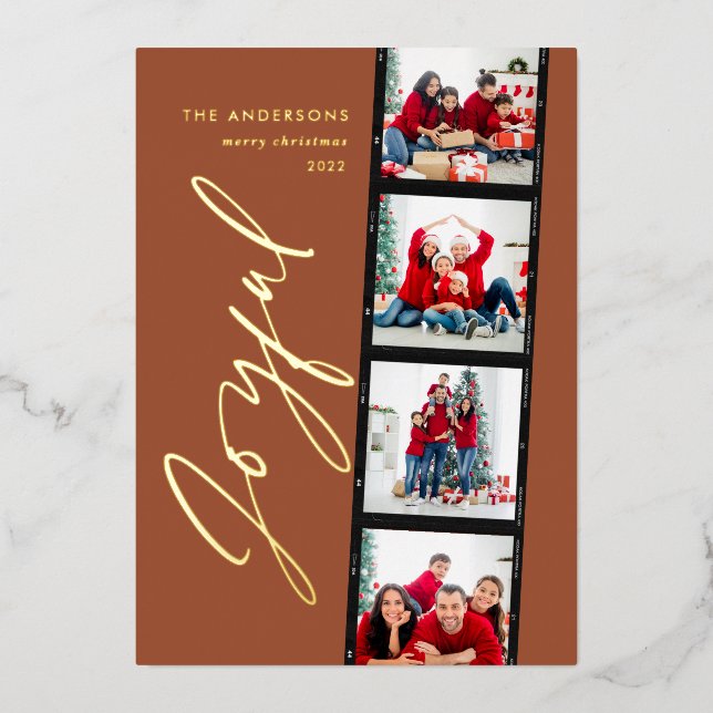 Modern minimal script multi photo christmas rust foil holiday card (Front)