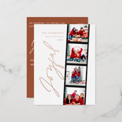 Modern minimal script multi photo christmas rust foil holiday postcard