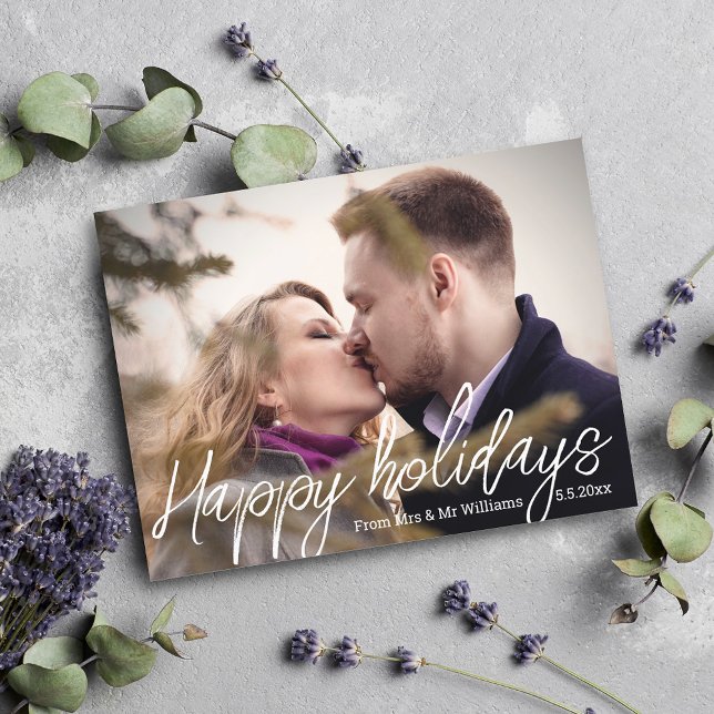 modern minimal script newlyweds photo mr mrs holiday postcard (Creator Uploaded)