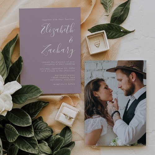 Modern Minimal Script Photo Dusty Lavender Wedding Invitation