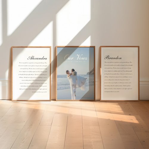 Modern Minimal Script Photo Wedding Vows 3-Piece Wall Art Sets