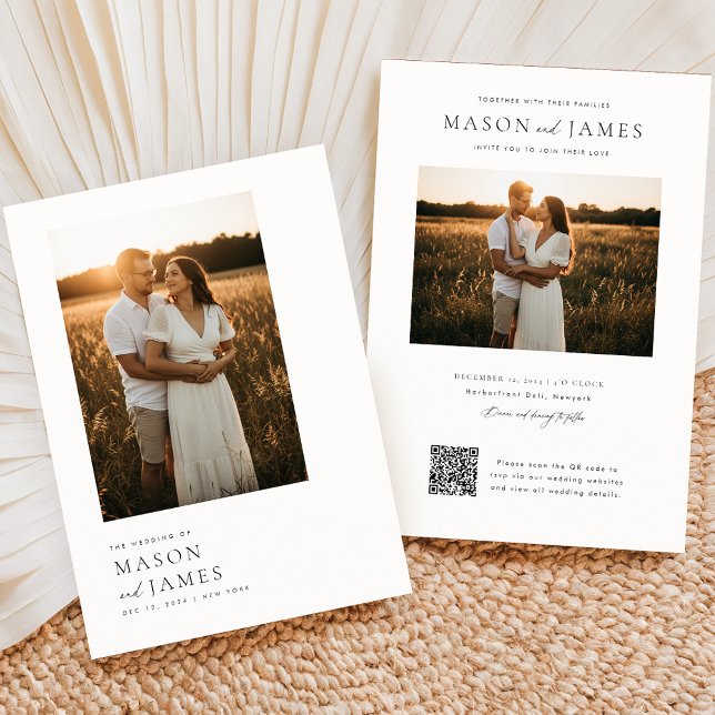 Modern Minimal Script QR Code Photo Budget Wedding Invitation (Creator Uploaded)