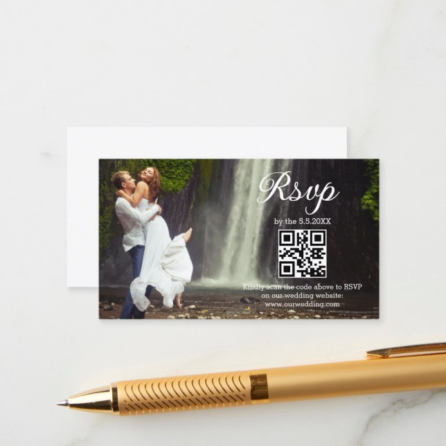 modern minimal script rsvp qr code photo wedding  enclosure card (Front/Back In Situ)