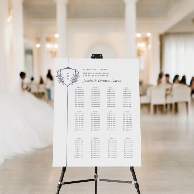 Modern minimal script twelve table seating chart  foam board (12 table wedding seating chart with a elegant crest with custimizable initials )