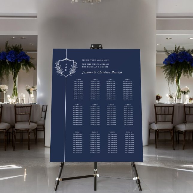 Modern minimal script twelve table seating chart  foam board (modern navy crested 15 table wedding table chart 
tir the knot in style , minimalistic , simplistic )