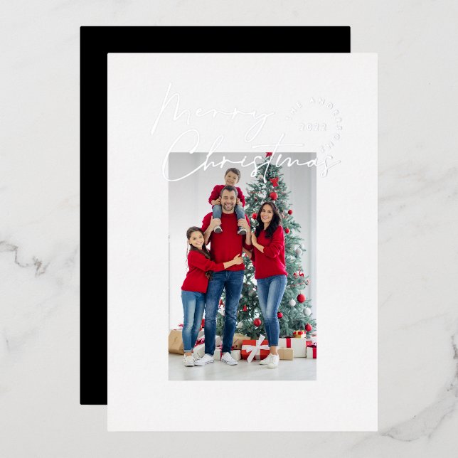 Modern minimal script typography 1 photo Christmas Foil Holiday Card (Front/Back)