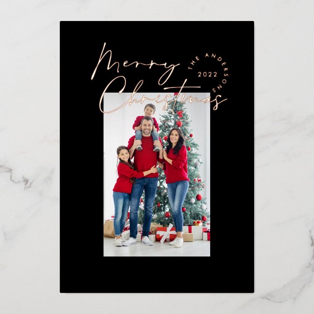 Modern minimal script typography 1 photo Christmas Foil Holiday Card (Front)