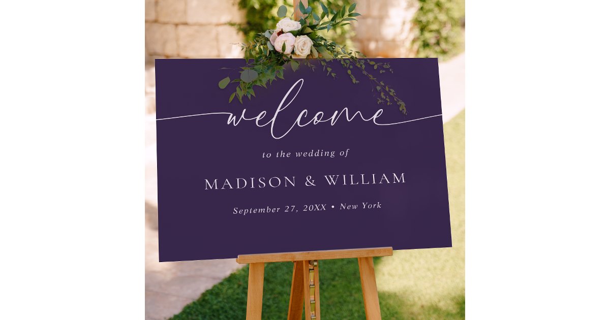Welcome Violet Modern Minimal Script Violet Wedding Welcome Sign | Zazzle