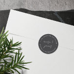 Modern Minimal Script Wedding Return Address Classic Round Sticker<br><div class="desc">Designed to match our Inline wedding invitations. A beautiful typography based design with a minimalist feel,  featuring modern white handwritten script and classic serif lettering on a soft black background. Personalize with your names in the center and your return address in a circular layout.</div>