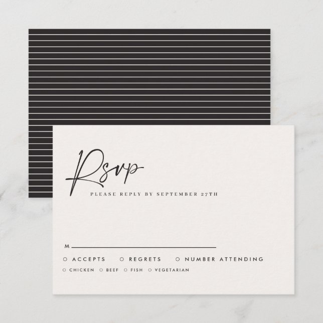 Modern Minimal Script Wedding RSVP with Stripe abc Note Card (Front/Back)