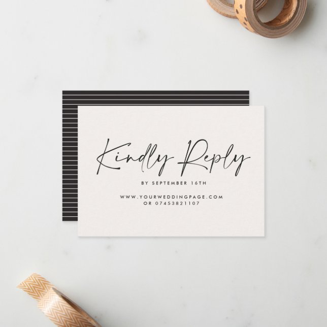 Modern Minimal Script Wedding RSVP with Stripe abc Note Card (Front/Back In Situ)