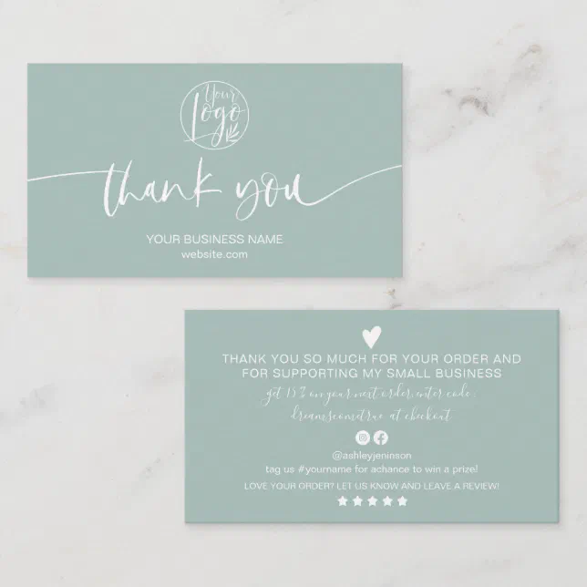 Modern minimal sea blue script order thank you business card | Zazzle