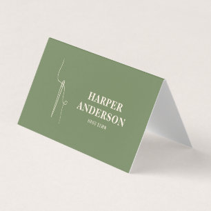 Modern Minimal Sewing Needle Logo Green Custom Business Card