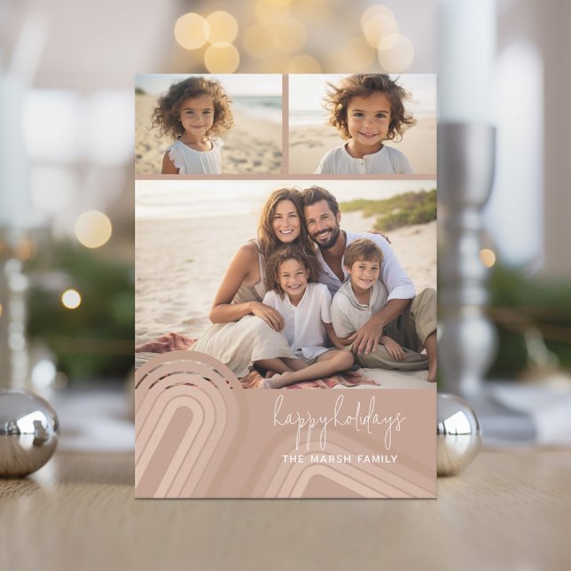 Modern Minimal Shades of Champagne Stripes - Photo Holiday Card (Soft, retro pastel holiday card with boho stripes and 3 photos.)