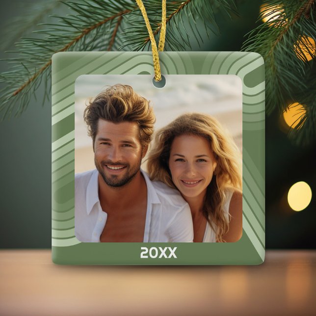 Modern Minimal Shades of Juniper Stripes - Photo Ceramic Ornament (Personalized photo ornament)